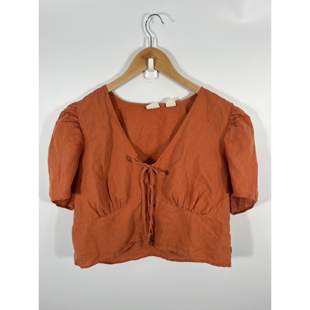 Levis Women Linen Blend Babydoll Top XL Orange Bow Western Boho Chic Lightweight